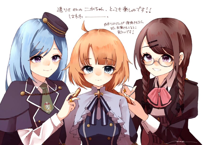 3girls ahoge amahara_nue arms_at_sides artist_name assault_lily black_cape black_headwear black_jacket black_ribbon black_shirt black_vest blue_eyes blue_hair blunt_bangs blush bow bowtie braid braided_ponytail brown_hair cape closed_mouth collared_shirt commentary_request corset cosmetics futagawa_fumi glasses green_necktie grey-framed_eyewear grey_ribbon grin hair_ornament hair_tie hairclip hairdressing hand_up hands_up haruka_risa hat highres holding holding_another&#039;s_hair holding_hair_tie holding_lipstick_tube jacket juliet_sleeves lipstick_tube long_hair long_sleeves looking_at_another looking_at_viewer low_twin_braids low_twintails ludvico_private_girls&#039;_academy_school_uniform matsunaga_brigitta_kayo mini_hat multiple_girls neck_ribbon necktie official_alternate_costume open_clothes open_jacket orange_hair parted_lips peaked_cap pink_bow pink_bowtie puffy_sleeves purple_eyes ribbon school_uniform semi-rimless_eyewear shirt short_necktie side-by-side simple_background single_braid smile standing striped_ribbon swept_bangs tilted_headwear translation_request twin_braids twintails two-tone_ribbon under-rim_eyewear underbust vest voice_actor_connection white_background white_shirt yoshii_kasumiko zipper_pull_tab
