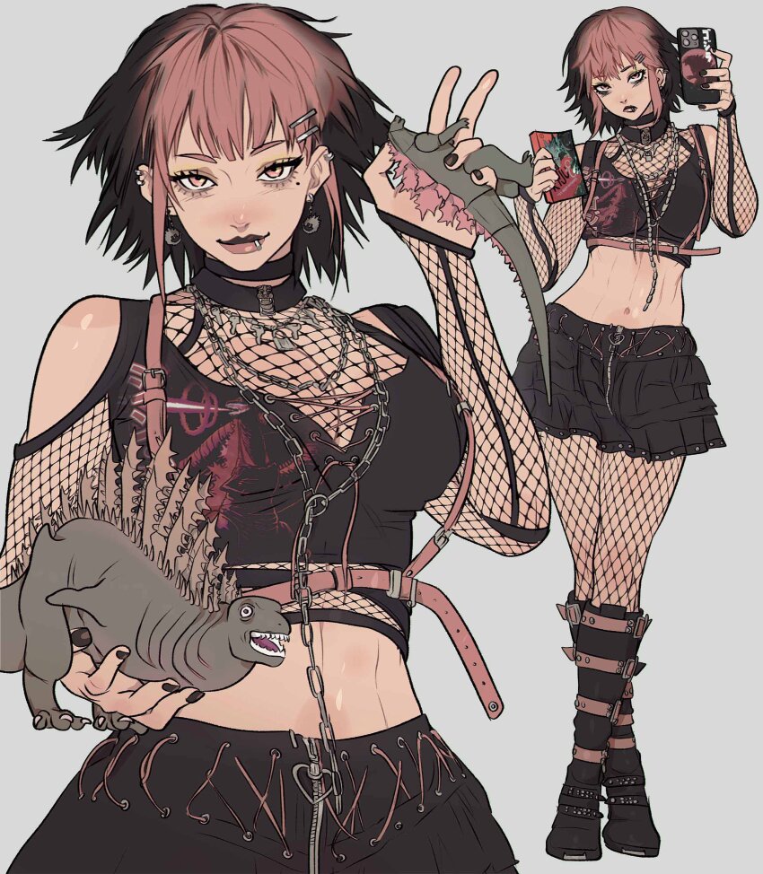 1girl absurdres black_hair book breasts brow_piercing cellphone chain cleavage crossover ear_piercing earrings face_piercing figure fishnets godzilla godzilla_(monsterverse) godzilla_(series) godzilla_evolved godzilla_x_kong:_the_new_empire goth_fashion grey_background hibino_kafka hibino_kafka_(kaiju_form) highres jewelry kaiju kaijuu_no._8 khara_(animation_studio) king_kong_(series) legendary_pictures lip_piercing looking_at_viewer makeup mole monster monsterverse multicolored_hair multiple_crossover necklace original phone piercing pink_eyes pink_hair production_i.g revealing_clothes shin_godzilla short_hair simple_background skirt smartphone toho two-tone_hair yoracrab