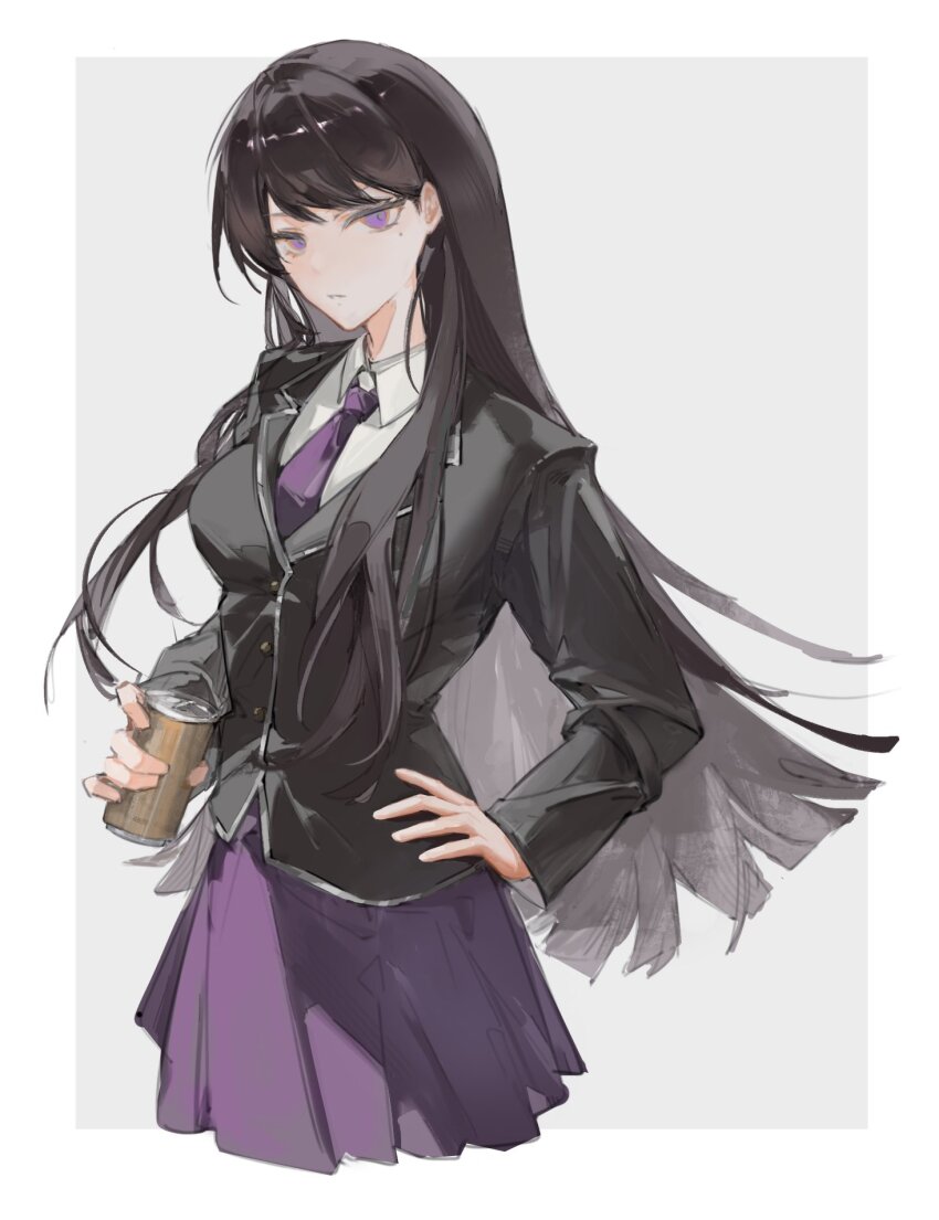 1girl bang_dream! bang_dream!_it&#039;s_mygo!!!!! black_hair black_jacket border breasts can canned_coffee commentary drink_can grey_background hand_on_own_hip haneoka_school_uniform hashtag-only_commentary highres jacket long_hair long_sleeves medium_breasts mole mole_under_eye necktie open_mouth outside_border purple_eyes purple_necktie purple_skirt school_uniform shiina_taki shirt skirt solo undersuito50673 white_border white_shirt