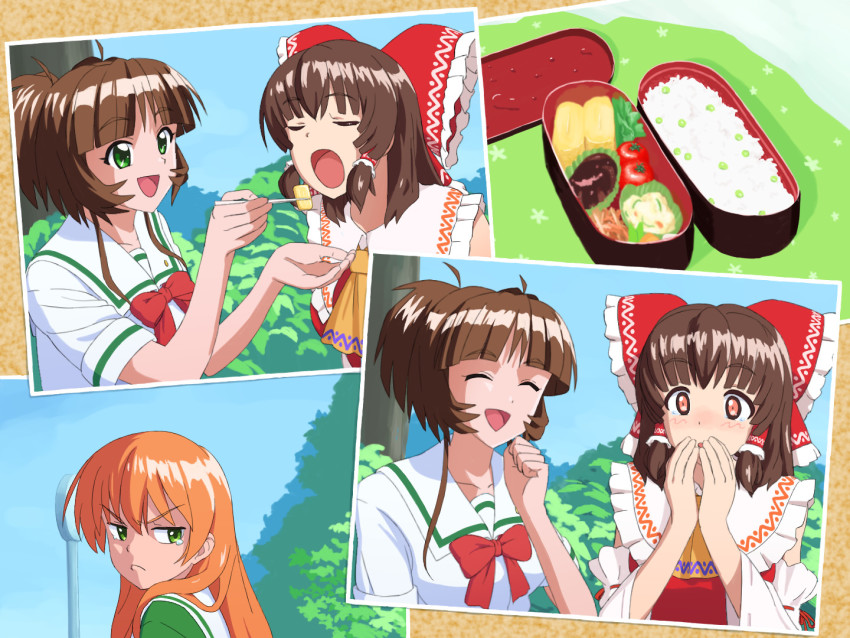 1990s_(style) 3girls 4joukioto :3 akai_homura ascot bento blush bow bowtie breasts brown_eyes brown_hair bush closed_eyes collared_shirt commentary_request cookie_(touhou) crossover detached_sleeves feeding food frilled_shirt_collar frills green_eyes green_shirt hakurei_reimu hibikino_high_school_uniform ichimonji_akane kanna_(cookie) long_hair medium_breasts multiple_girls omelet orange_hair photo_(object) pout red_bow red_bowtie red_shirt retro_artstyle ribbon-trimmed_sleeves ribbon_trim rice school_uniform shirt short_hair sleeveless sleeveless_shirt smile tamagoyaki tearing_up tokimeki_memorial tokimeki_memorial_2 tomato touhou tree upper_body v-shaped_eyebrows white_shirt white_sleeves yellow_ascot
