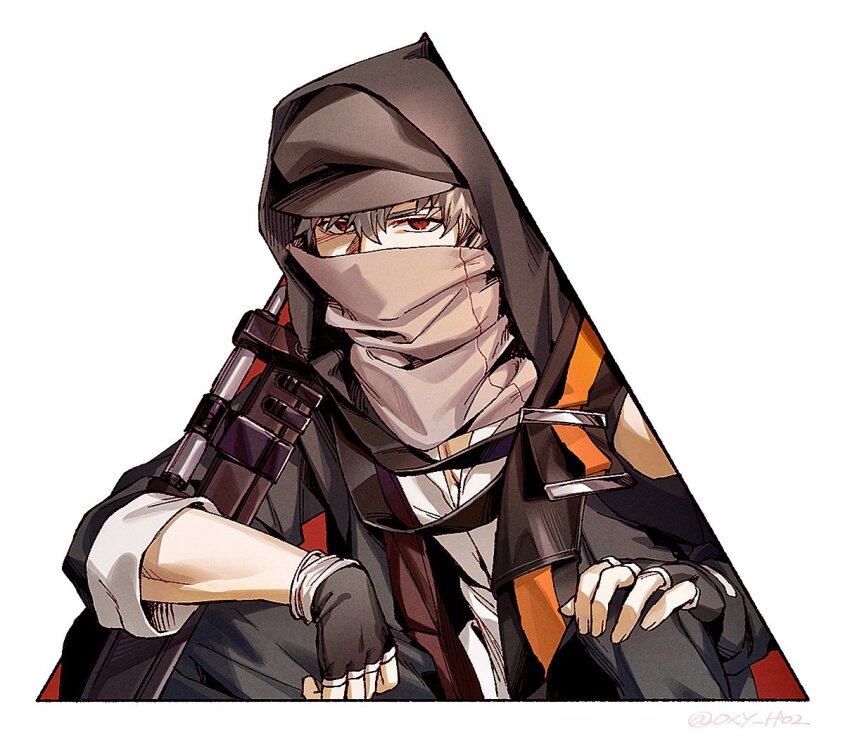 1boy arknights black_gloves black_jacket brown_hair brown_hat collared_shirt covered_mouth dress_shirt fingerless_gloves gloves grey_pants hair_between_eyes hat jacket long_sleeves looking_at_viewer male_focus newsboy_cap open_clothes open_jacket oxy_(ho2) pants red_(npc)_(arknights) red_eyes shirt simple_background solo white_background white_shirt