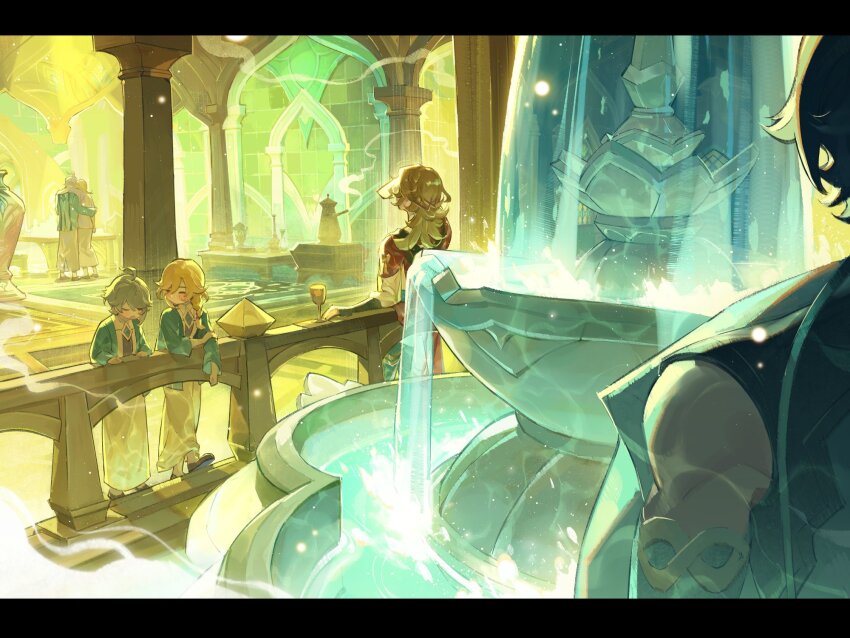 2boys against_railing aged_down ahoge akademiya_uniform alhaitham_(genshin_impact) analogous_colors black_gloves black_shirt blonde_hair braid chest_jewel closed_eyes closed_mouth compression_shirt cup elbow_gloves ffffflllllgun fountain gem genshin_impact gloves green_gemstone green_jacket grey_hair hair_between_eyes hair_ornament hand_on_railing highres indoors jacket jewelry kaveh_(genshin_impact) landscape long_hair long_sleeves male_focus medium_hair multiple_boys open_mouth parted_bangs railing red_eyes shirt short_hair sidelocks single_braid sleeveless sleeveless_shirt swept_bangs teeth time_paradox white_shirt x_hair_ornament yaoi