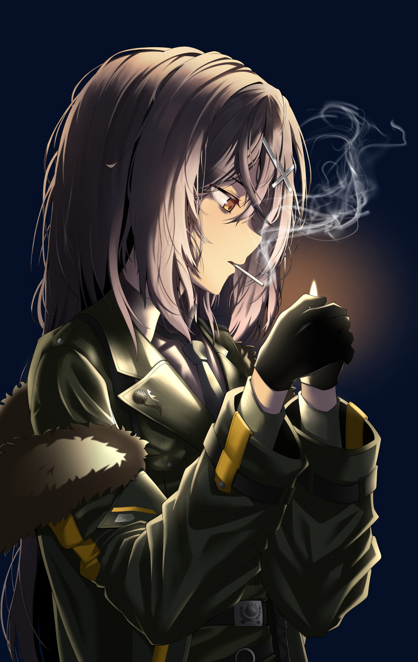 1girl absurdres belt black_gloves brown_eyes brown_hair christina_brecht collared_shirt commentary counter:side dark_background fire fur-trimmed_jacket fur_trim gloves green_jacket hair_ornament hairclip highres jacket lighting_cigarette long_hair long_sleeves looking_down necktie off_shoulder own_hands_together shirt simple_background smoke smoking solo upper_body wbs x_hair_ornament