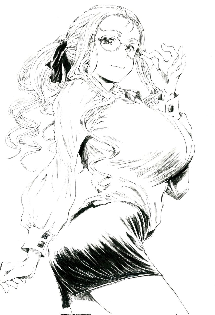 1girl adjusting_eyewear aged_down alternate_costume black_bow bow breasts commentary_request cowboy_shot drill_hair girls_und_panzer greyscale hair_bow highres large_breasts looking_at_viewer marie_(girls_und_panzer) monochrome pencil_skirt ringlets sawamin skirt smile solo white_background
