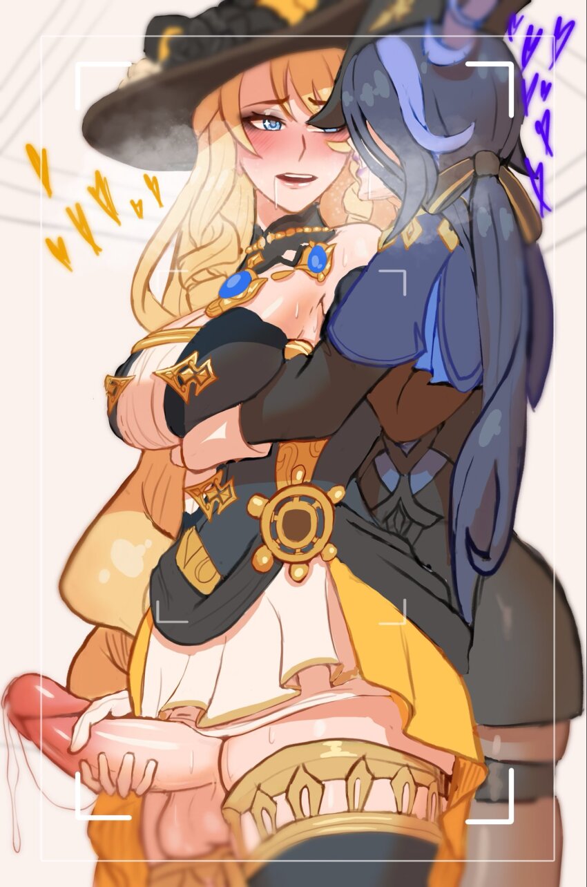1futa 1girl blonde_hair blue_eyes blue_hair blush breast_hold breasts brooch clorinde_(genshin_impact) clothes cuffs dark_blue_hair detached_sleeves dress drooling erection flower_on_hat futa_with_female futanari genshin_impact handjob handjob_from_behind hat heart helm helmet highres hug hug_from_behind jewelry large_breasts long_hair multicolored_hair navia_(genshin_impact) penis photo_shoot picture_frame pleated_dress pleated_skirt precum precum_string recording redfuchsia skirt testicles thick_thighs thigh_strap thighhighs thighs two-tone_hair uncensored very_long_hair white_background