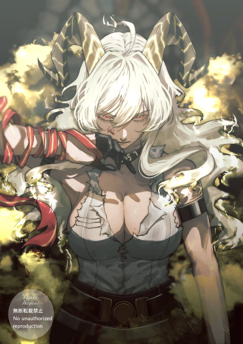 1girl arm_strap bare_shoulders black_gloves black_horns black_pants blonde_hair breasts cleavage commentary cowboy_shot curled_horns gloves hair_between_eyes half_gloves highres horns large_breasts long_hair looking_at_viewer mole mole_on_breast necktie necktie_around_wrists pants red_eyes red_necktie shirt shirt_tucked_in solo tayuta_(tayuta_fa) torn_clothes torn_shirt v-shaped_eyebrows white_shirt wiping_mouth wuthering_waves zani_(wuthering_waves)