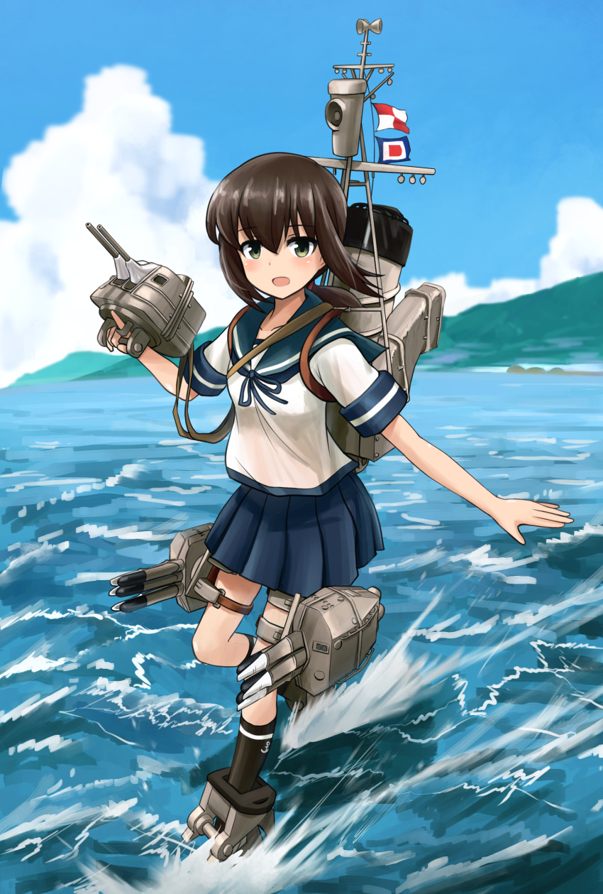 1girl adapted_turret black_hair blue_skirt blue_sky breasts cannon cloud day fubuki_(kancolle) full_body grey_eyes highres kantai_collection kk90 low_ponytail miniskirt ocean outdoors pleated_skirt ponytail rigging school_uniform serafuku shirt short_ponytail short_sleeves sidelocks skirt sky small_breasts smokestack solo thigh_strap torpedo_tubes white_shirt