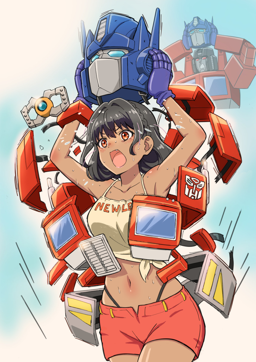 1girl absurdres autobot black_hair blush breasts collarbone cosplay dark-skinned_female dark_skin decepticon fang hair_intakes highres komagoma kotobukiya_bishoujo matrix_of_leadership mecha midriff open_mouth optimus_prime optimus_prime_(cosplay) projected_inset red_eyes red_shorts removing_helmet robot short_hair shorts small_breasts solo starscream starscream_(kotobukiya_bishoujo) sweat transformers transformers:_generation_1