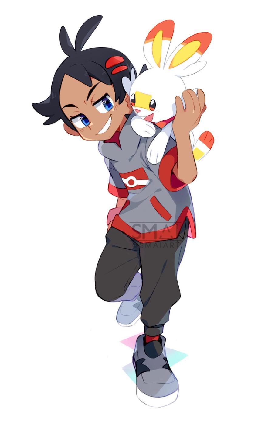 1boy black_hair blue_eyes gen_8_pokemon goh_(pokemon) grin highres male_focus nintendo open_mouth orange_eyes pokemon pokemon_(anime) pokemon_journeys sami_briggs scorbunny smile solo standing