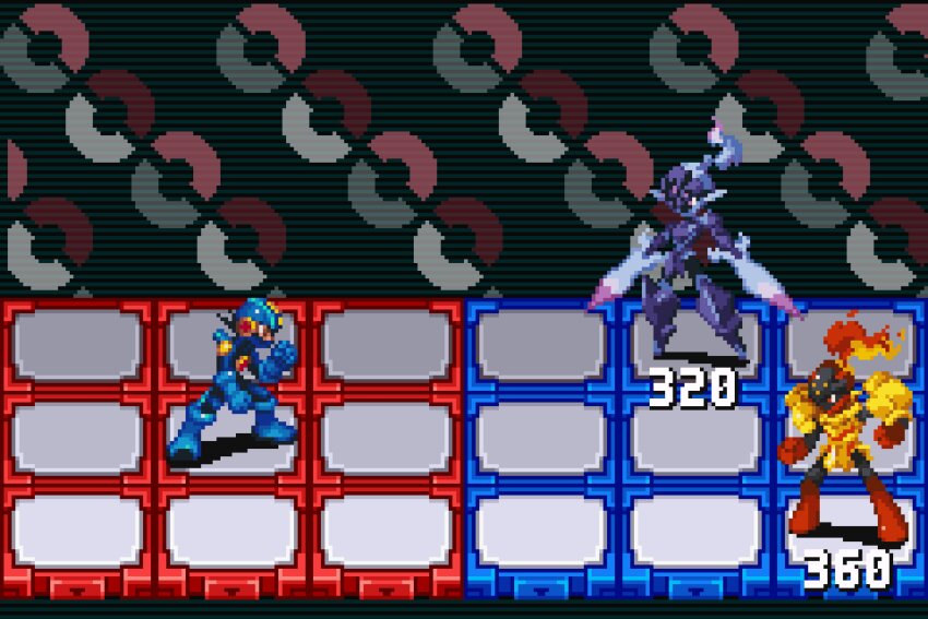 1boy 2others absurdres arm_blade armarouge armor battle blade_arm blue_bodysuit blue_fire blue_footwear blue_gloves blue_helmet bodysuit boots ceruledge colored_skin commentary crotch_plate damage_numbers dewndeym english_commentary fake_screenshot fiery_hair fighting_stance fire full_body gloves grid helmet highres male_focus mega_man_(series) mega_man_battle_network_(series) megaman.exe multicolored_hair multiple_others netnavi nintendo opposing_sides parody pauldrons pixel_art poke_ball_symbol pokemon pokemon_(creature) purple_armor purple_eyes purple_fire purple_helmet red_skin short_hair shoulder_armor spiked_hair sprite standing style_parody tiles weapon yellow_armor