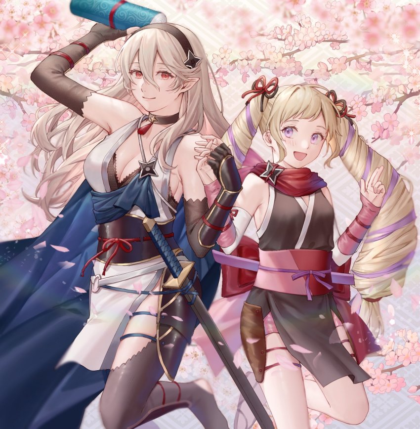 2girls :d ai_tkkm bare_shoulders black_choker black_gloves black_hairband blonde_hair breasts cape choker cleavage female_corrin_(fire_emblem) female_corrin_(ninja)_(fire_emblem) elbow_gloves elise_(fire_emblem) elise_(ninja)_(fire_emblem) fingerless_gloves fire_emblem fire_emblem_fates fire_emblem_heroes gloves hair_between_eyes hairband highres holding holding_hands holding_scroll japanese_clothes large_breasts long_hair looking_at_viewer multicolored_hair multiple_girls nintendo official_alternate_costume open_mouth pointy_ears purple_eyes red_eyes sandals scroll sheath sheathed siblings silver_hair sisters sleeveless small_breasts smile sword twintails two-tone_hair weapon