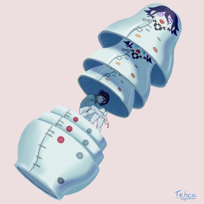 1boy artist_name black_hair blush buttons checkered_clothes checkered_scarf danganronpa_(series) danganronpa_v3:_killing_harmony fetal_position flipped_hair grey_background hair_between_eyes highres hugging_own_legs long_sleeves looking_at_viewer male_focus matryoshka_doll medium_hair multicolored_buttons oma_kokichi pants purple_eyes purple_hair scarf short_hair simple_background solo surreal tehca two-tone_scarf white_background