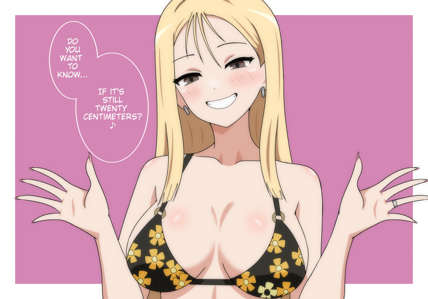 1girl absurdres bikini black_bikini border breasts brown_eyes cleavage collarbone cowboy_shot dani_(angrymatthew) ear_piercing english_text floral_print_bikini flower gyaru hair_between_eyes highres kitagawa_marin large_breasts long_bangs long_hair looking_at_viewer outside_border piercing pink_background pink_nails smile solo sono_bisque_doll_wa_koi_wo_suru speech_bubble standing swimsuit teeth white_border yellow_flower