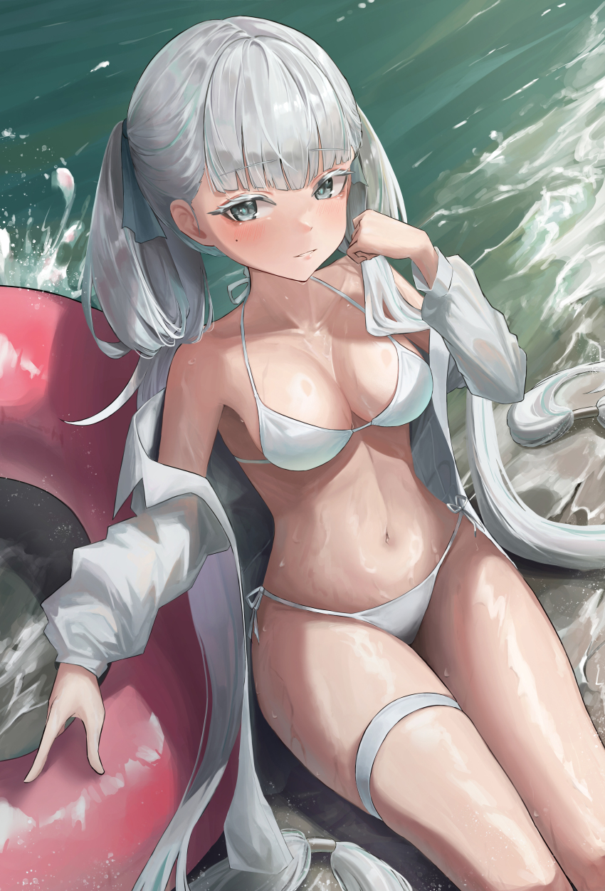 1girl absurdres bare_shoulders bikini braid breasts collarbone colored_eyelashes commentary dacha00001 from_above hand_up highres jinhsi_(wuthering_waves) long_hair looking_at_viewer low_twin_braids medium_breasts mole mole_on_cheek navel off_shoulder outdoors parted_lips shirt shore sitting solo stomach swim_ring swimsuit thigh_strap twin_braids very_long_hair white_bikini white_eyelashes white_eyes white_shirt wuthering_waves