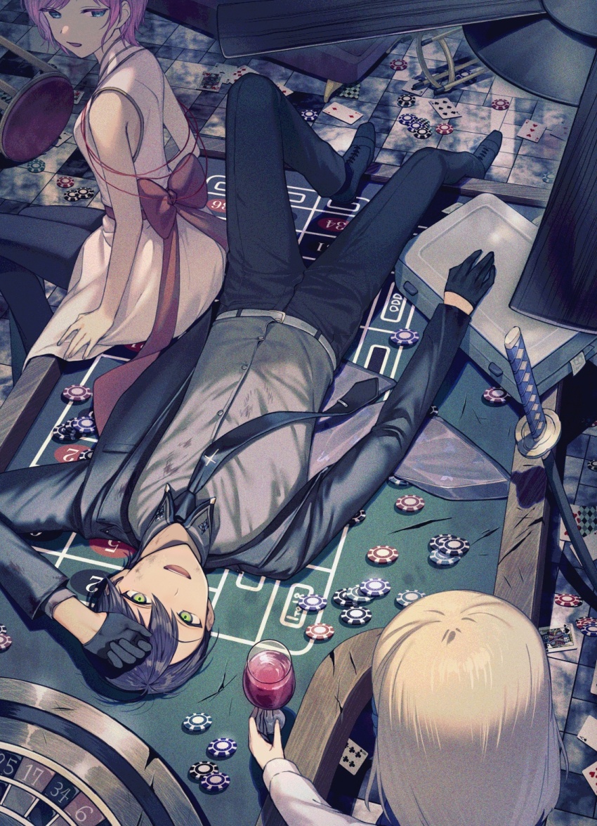 1boy 1girl belt black_footwear black_necktie black_pants black_suit black_thighhighs blonde_hair blue_eyes blue_hair briefcase card casino ceiling_fan collared_shirt cup cuts dress drinking_glass formal_clothes green_eyes grey_shirt hair_between_eyes highres injury katana kenmochi_touya long_sleeves looking_at_another looking_at_viewer lying male_focus necktie nijisanji on_back open_mouth pants pink_dress pink_hair playing_card poker_chip red_ribbon ribbon roulette_table sash scratches shirt short_hair sitting sitting_on_table sleeveless sleeveless_dress smile stool suit sword table thighhighs tile_floor tiles tsunakawa virtual_youtuber weapon white_belt white_shirt yuuhi_riri