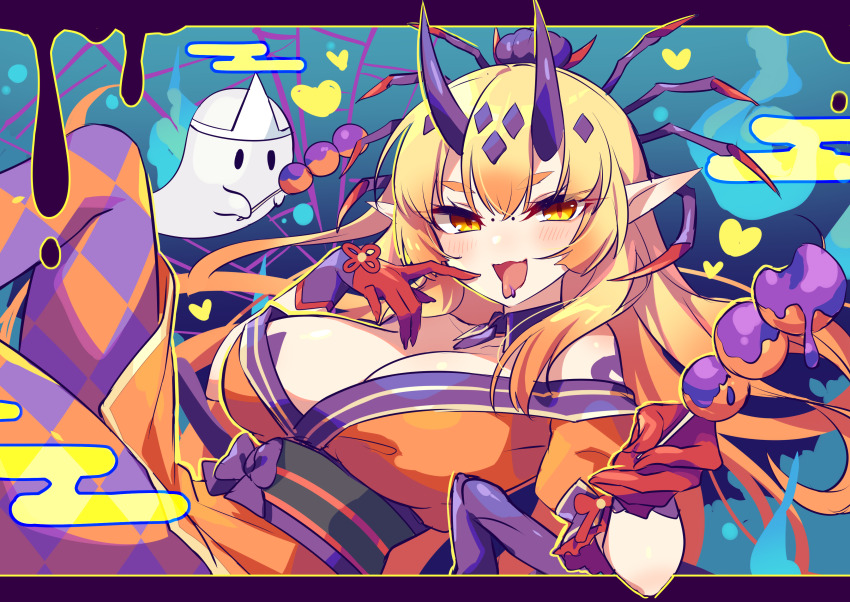 1girl absurdres argyle_clothes argyle_thighhighs black_border blue_background blush border breasts dango egasumi food ghost gloves gradient_background gradient_hair heart highres holding holding_food horns japanese_clothes kimono kozakura_(dictionary) large_breasts long_hair looking_at_viewer mitarashi_dango multicolored_hair orange_hair orange_kimono orange_thighhighs purple_thighhighs puzzle_&amp;_dragons red_gloves saliva shiranaki_(p&amp;d) shoulder_tattoo sidelocks silk solo spider_hair_ornament spider_web tattoo thick_eyebrows thighhighs triangular_headpiece wagashi yellow_eyes