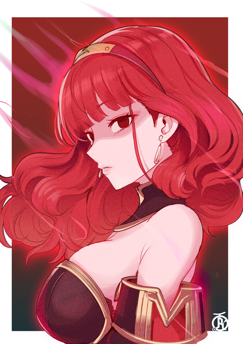 1girl aura bare_shoulders black_background black_bra bra bra_peek breasts celica_(emblem)_(fire_emblem) celica_(fire_emblem) commentary corruption earrings empty_eyes english_commentary fire_emblem fire_emblem_echoes:_shadows_of_valentia fire_emblem_engage gradient_background highres jewelry large_breasts long_hair looking_at_viewer looking_to_the_side nintendo red_aura red_background red_eyes red_hair revolverwing skindentation solo tiara underwear upper_body