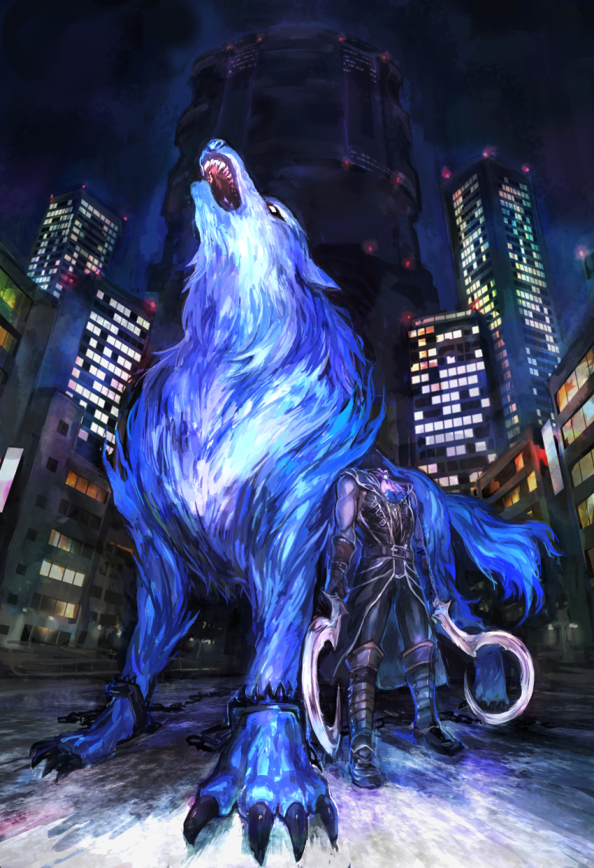 animal bad_id bad_pixiv_id building city cuffs dual_wielding fate/grand_order fate_(series) hessian_(fate) highres holding howling lobo_(fate) night oversized_animal sakuharu_(hkhkbn) shackles wolf