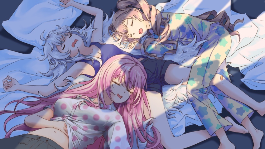 3girls a.c.p.u._(nikke) ahoge alternate_costume armpits arms_up bandaid bandaid_on_knee bandaid_on_leg bare_shoulders bed black_shorts black_tank_top breasts brown_hair closed_eyes clothes_lift collarbone collared_shirt commentary_request drill_hair drooling goddess_of_victory:_nikke hair_between_eyes hair_down indoors long_hair long_sleeves lying medium_breasts miranda_(nikke) mouth_drool multiple_girls nagi412 navel on_back on_bed open_mouth pajamas pillow pink_hair poli_(nikke) polka_dot polka_dot_shirt print_pajamas quiry_(nikke) shirt shirt_lift short_sleeves shorts sidelocks sleeping sleepwear small_breasts tank_top twin_drills very_long_hair wavy_mouth white_hair white_shirt