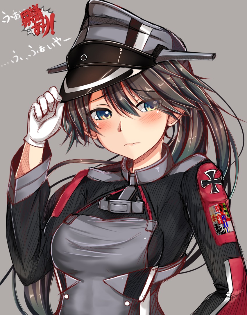 1girl 3: ace_attorney black_hair blue_eyes blush breasts cosplay female_focus gloves hat highres houshou_(kancolle) kantai_collection long_hair military military_uniform parody peaked_cap prinz_eugen_(kancolle) prinz_eugen_(kancolle)_(cosplay) sazamiso_rx sketch solo translation_request