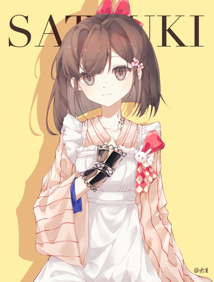 1girl apron artist_name blunt_ends bob_cut bow brown_eyes brown_hair character_name cherry_blossoms cuffs flower frilled_apron frills hair_bow hair_flower hair_ornament hand_up highres japanese_clothes kimono looking_at_viewer maid pink_flower pink_kimono pinstripe_kimono pinstripe_pattern red_bow reverse:1999 satsuki_(reverse:1999) short_hair smile solo striped_clothes striped_kimono sunglasses upper_body vertical-striped_clothes vertical-striped_kimono wa_maid white_apron wusheng_shuibuxing yellow_background