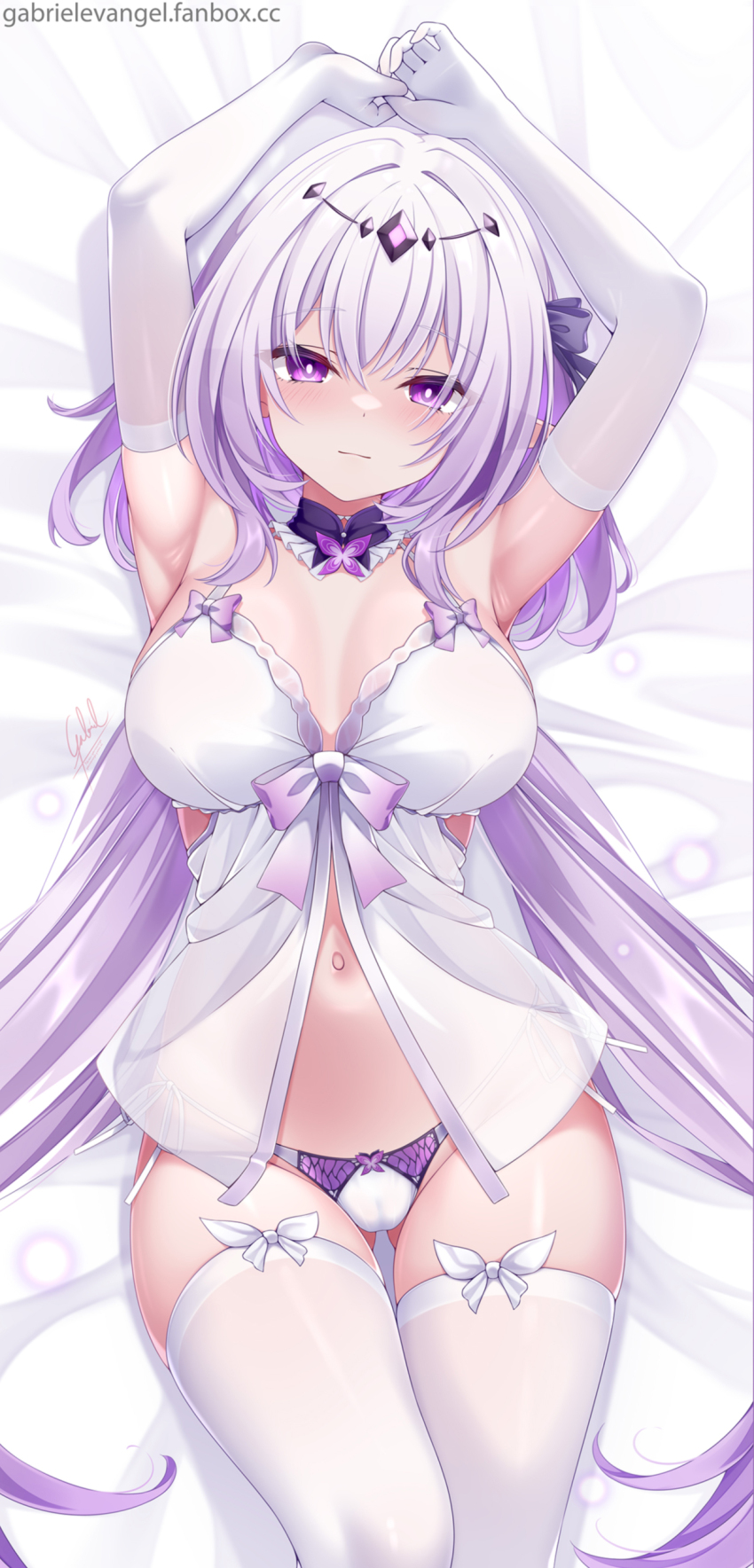 1girl absurdres armpits arms_up babydoll breasts castorice_(honkai:_star_rail) commentary commentary_request dakimakura_(medium) elbow_gloves english_commentary fanbox_username gabriel_evangel gloves highres honkai:_star_rail honkai_(series) large_breasts long_hair lying merchandise_available on_back paid_reward_available panties purple_eyes purple_hair solo thighhighs thighs tiara underwear very_long_hair white_babydoll white_gloves white_panties white_thighhighs