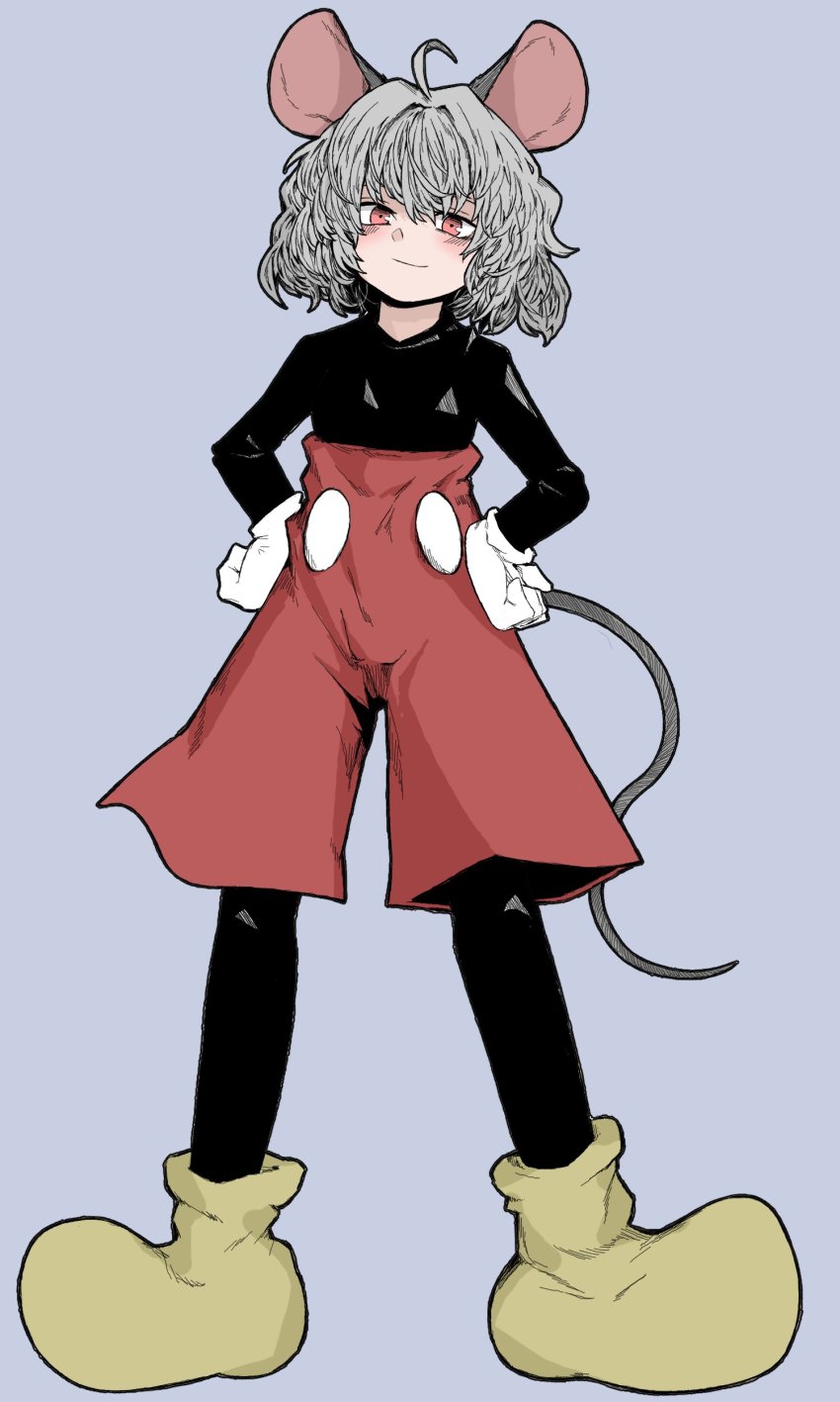 1girl absurdres ahoge animal_ears boots closed_mouth cosplay disney fe_(tetsu) full_body gloves grey_background grey_hair hands_on_own_hips highres looking_at_viewer mickey_mouse mickey_mouse_&amp;_friends mickey_mouse_(cosplay) mouse_ears mouse_tail nazrin red_eyes red_shorts short_hair shorts simple_background smile solo standing tail touhou white_gloves yellow_boots
