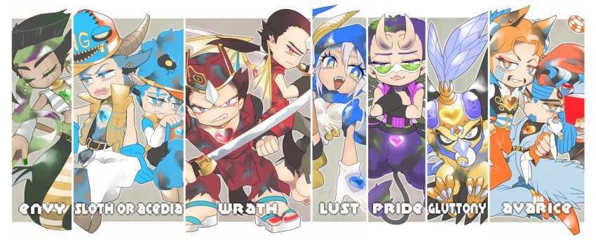 1girl 6+boys alessi boingo chaka_(jojo) daniel_j._d&#039;arby demon demon_boy demon_wings hol_horse horns jojo_no_kimyou_na_bouken khan_(jojo) m516 mariah_(jojo) multiple_boys n&#039;doul oingo pet_shop terence_t._d&#039;arby wings
