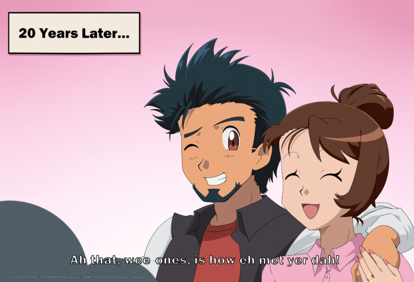 1boy 1girl aged_up arm_around_shoulder ash_ketchum beard black_hair brown_eyes brown_hair closed_eyes collared_jacket collared_shirt facial_hair gloria_(pokemon) hair_bun happy if_they_mated jacket jewelry married nintendo one_eye_closed pink_shirt pokemon pokemon_(anime) pokemon_swsh ring sakura_araragi scottish_english_text shirt silhouette smile spiked_hair translated wedding_ring