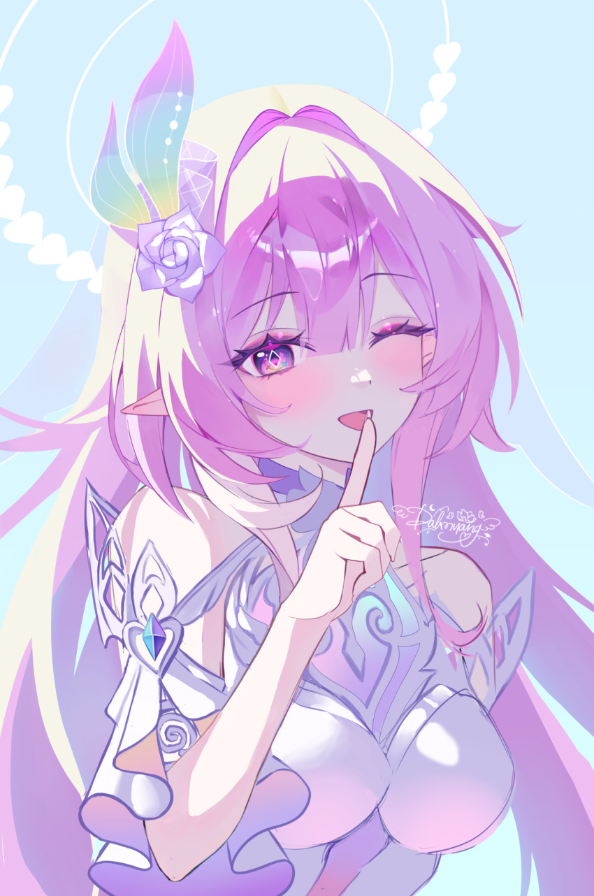 1girl ;o artist_name bare_shoulders blue_sky breasts commentary cyrene_(honkai:_star_rail) cyrene_(ripples_of_past_reverie)_(honkai:_star_rail) dalmyang diamond-shaped_pupils diamond_(shape) dress finger_to_mouth flower hair_flower hair_ornament halo highres honkai:_star_rail honkai_(series) large_breasts long_hair looking_at_viewer one_eye_closed pink_hair pointy_ears purple_eyes shushing sky solo symbol-shaped_pupils very_long_hair white_dress