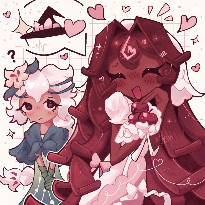 2girls black_forest_cookie bridal_veil brown_hair cookie_run cookie_run:_kingdom dark-skinned_female dark_skin dress hair_between_eyes hair_intakes hat highres long_hair looking_at_viewer multiple_girls puffy_sleeves short_sleeves stylocat symbol-shaped_pupils veil wedding_dress white_dress white_eyes white_lily_cookie witch_hat