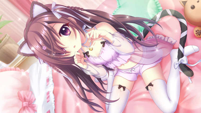 1girl :o animal_ear_hairband animal_ears babydoll bell black_bow black_hairband black_tail blush bow bow_legwear braid breasts brown_hair cat_ear_hairband cat_ears dot_nose dutch_angle fake_animal_ears film_grain game_cg hair_over_one_eye hair_ribbon hairband head_tilt heart heart-shaped_pillow indoors izumi_tsubasu jingle_bell lens_flare lingerie long_hair looking_at_viewer midriff mizushino_sono navel neck_bell no_shoes non-web_source off_shoulder official_art on_bed open_mouth paw_pose pillow pink_bow pink_nails plant potted_plant purple_babydoll purple_bow purple_eyes purple_ribbon purple_shorts re:stage! ribbon see-through_clothes see-through_shrug short_shorts shorts sitting skindentation small_breasts solo spaghetti_strap sparkle stuffed_animal stuffed_toy swept_bangs tail tail_bow tail_ornament thighhighs underwear wariza white_thighhighs