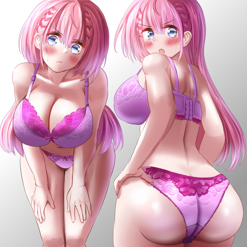 1girl aqua_eyes ass back bare_shoulders blue_eyes blush bokutachi_wa_benkyou_ga_dekinai bra braid breasts butt_crack gu~derenko highres kirisu_mafuyu large_breasts leaning_forward long_hair looking_at_viewer looking_back multiple_views navel panties pink_hair sideboob solo stomach thighs underwear