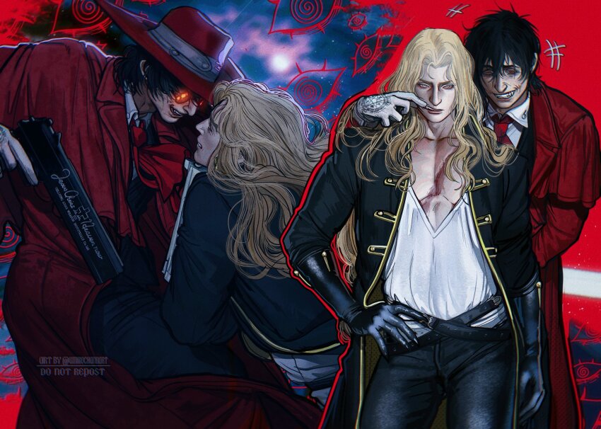 2boys alucard_(castlevania) alucard_(hellsing) black_coat black_gloves black_hair black_pants blonde_hair capelet castlevania:_symphony_of_the_night castlevania_(series) coat collared_shirt commentary english_commentary gloves gun hat hellsing highres holding holding_gun holding_weapon long_hair long_sleeves looking_at_another male_focus multiple_boys necktie open_clothes pants red_capelet red_coat red_hat red_necktie scar scar_on_chest shirt short_hair smile teeth umikochannart weapon white_gloves white_shirt
