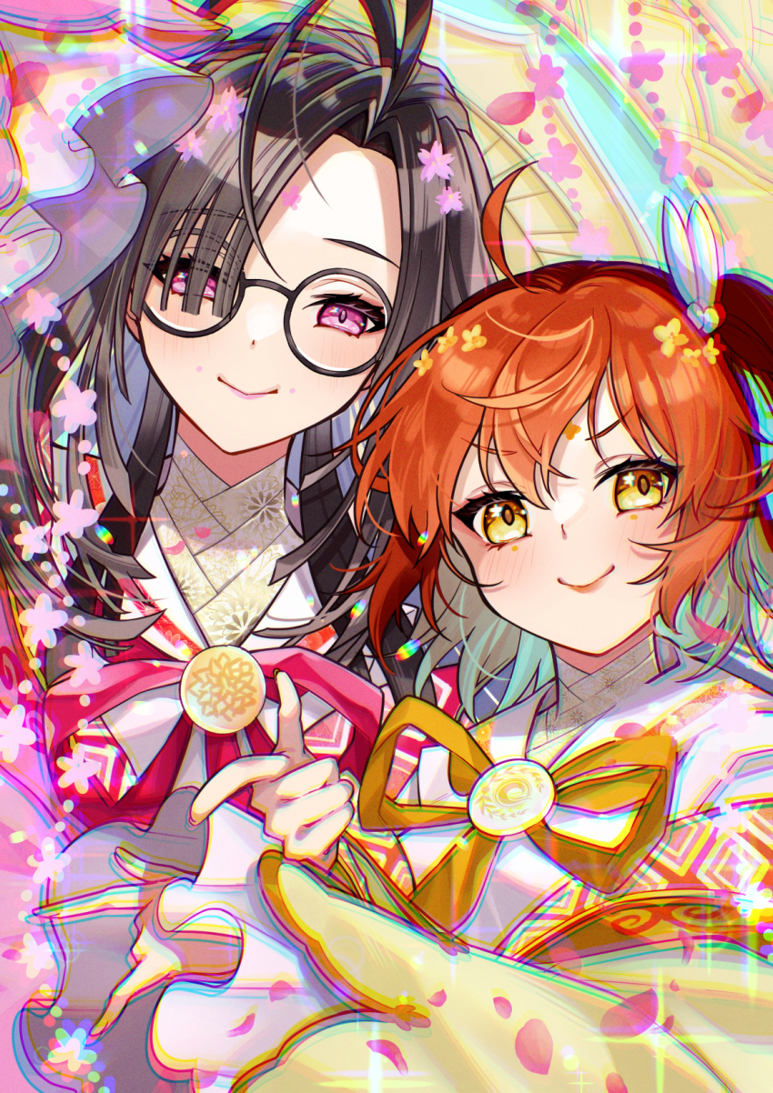 2girls blush breasts brown_eyes brown_hair dress fate/grand_order fate_(series) flower fujimaru_ritsuka_(female) glasses hair_flower hair_ornament highres ichino_tomizuki long_hair long_sleeves looking_at_viewer multiple_girls ono_no_komachi_(fate) orange_hair pink_dress sash small_breasts smile very_long_hair wide_sleeves