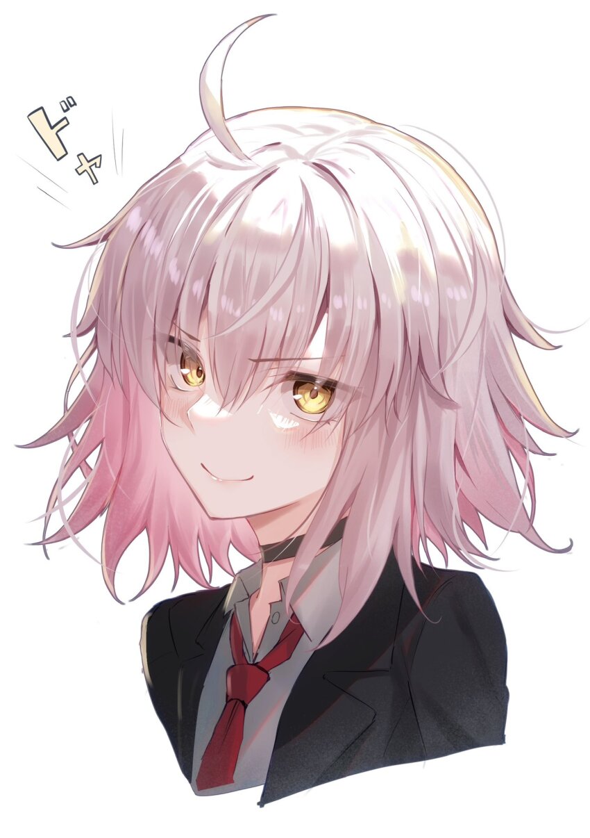1girl ahoge black_choker black_jacket choker collared_shirt fate/grand_order fate_(series) highres jacket jeanne_d&#039;arc_alter_(avenger)_(fate) jeanne_d&#039;arc_alter_(fate) looking_at_viewer medium_hair necktie official_alternate_costume red_necktie school_uniform shirt solo toomishou white_hair yellow_eyes