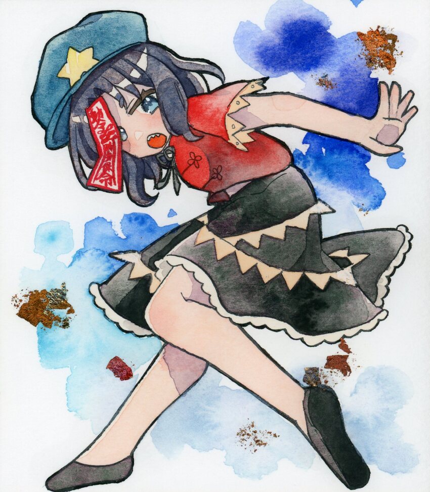 1girl black_hair black_shoes black_skirt blue_eyes blue_hat commentary_request frilled_skirt frills full_body hat hat_ornament highres jiangshi lace-trimmed_sleeves lace_trim leaning_forward looking_at_viewer miyako_yoshika newsboy_cap ofuda open_mouth painting_(medium) pppppks red_shirt sharp_teeth shirt shoes short_hair short_sleeves skirt solo star_(symbol) star_hat_ornament teeth touhou traditional_media watercolor_(medium) white_background