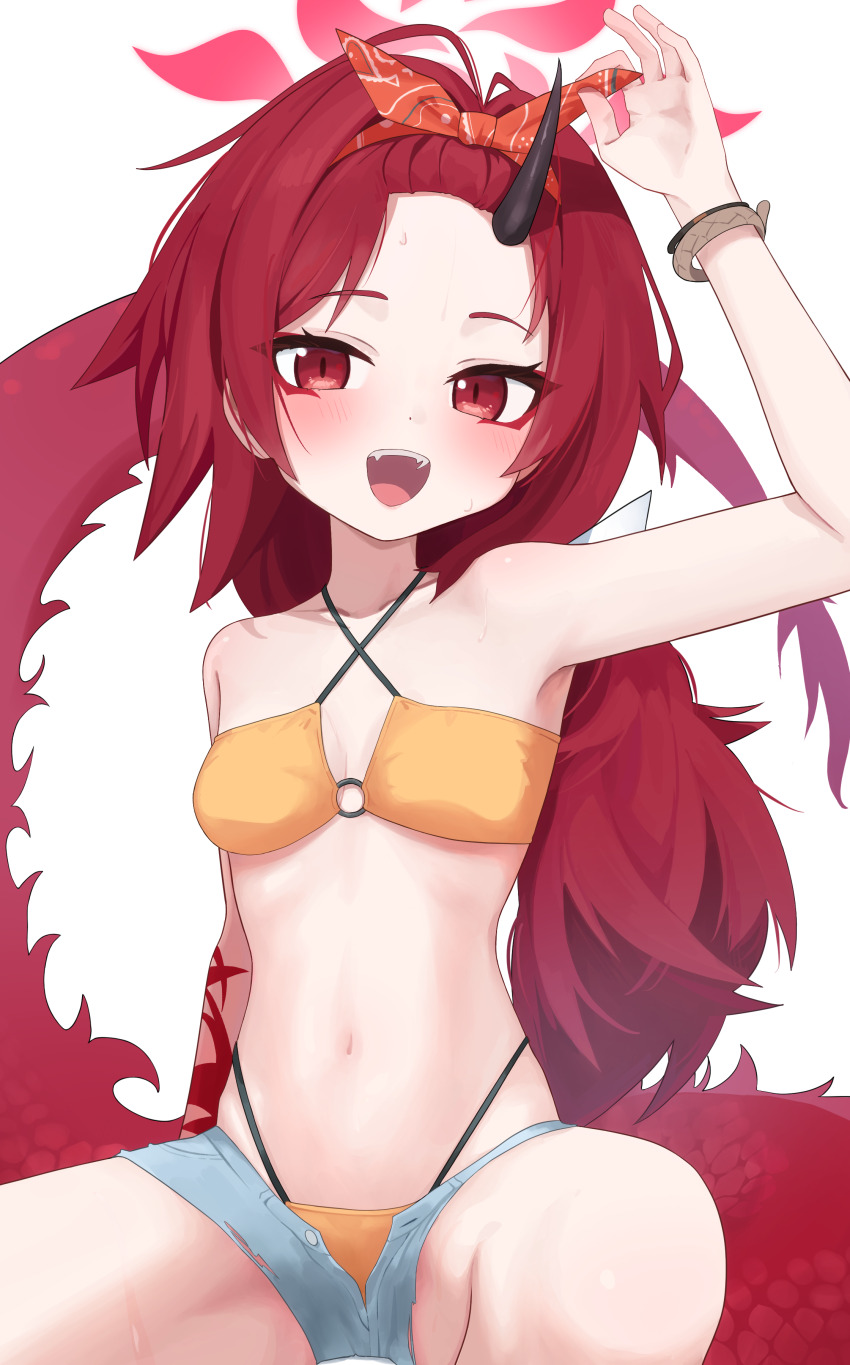 1girl absurdres bikini bikini_under_shorts blue_archive blush bracelet breasts criss-cross_halter denim denim_shorts dragon_girl dragon_horns dragon_tail fang hairband halo halterneck highres horns jewelry long_hair looking_at_viewer navel official_alternate_costume official_alternate_hairstyle open_clothes open_mouth open_shorts orange_hairband ponytail red_eyes red_hair red_halo red_tail renge_(blue_archive) renge_(swimsuit)_(blue_archive) ribbon rihitonn shorts simple_background single_horn small_breasts solo stomach swimsuit tail white_background yellow_bikini