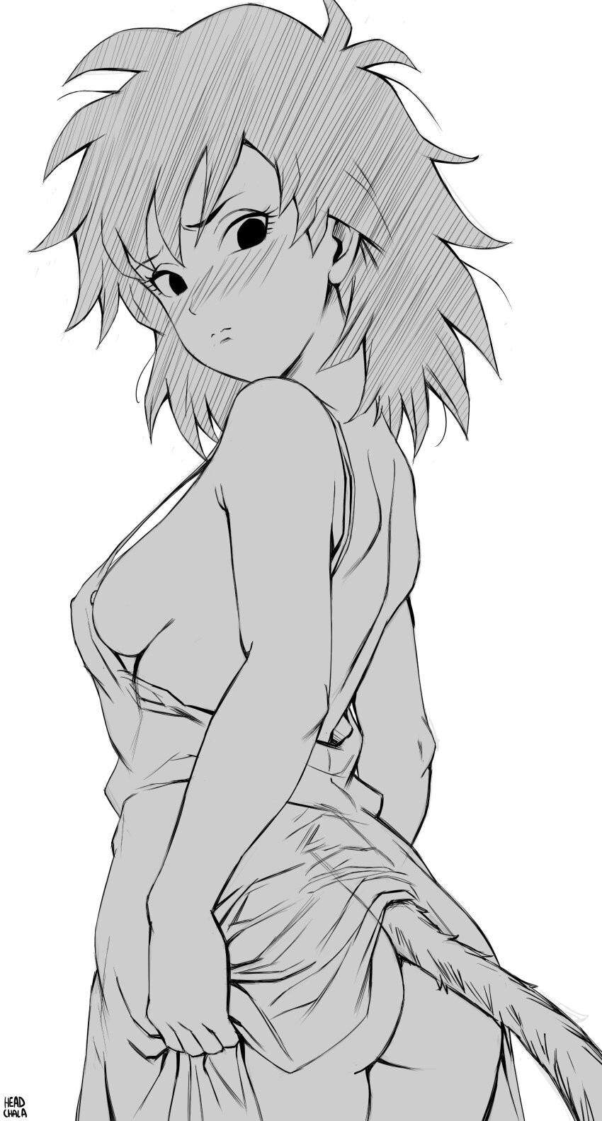 1girl absurdres ass blush breasts commentary cowboy_shot dragon_ball dragon_ball_minus dress from_side frown gine greyscale head_cha_la highres medium_breasts medium_hair monkey_tail monochrome nipples short_dress shoulder_blades sideboob signature skirt_hold solo tail tail_under_clothes