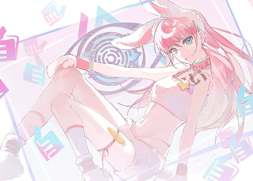 1girl ai_the_somnium_files animal_ears blue_eyes choker feet_out_of_frame full_body illowine knees_up looking_at_viewer no_sleep_for_kaname_date pink_choker rabbit_ears sagan_iris shorts simple_background solo tattoo white_background white_hair white_shorts
