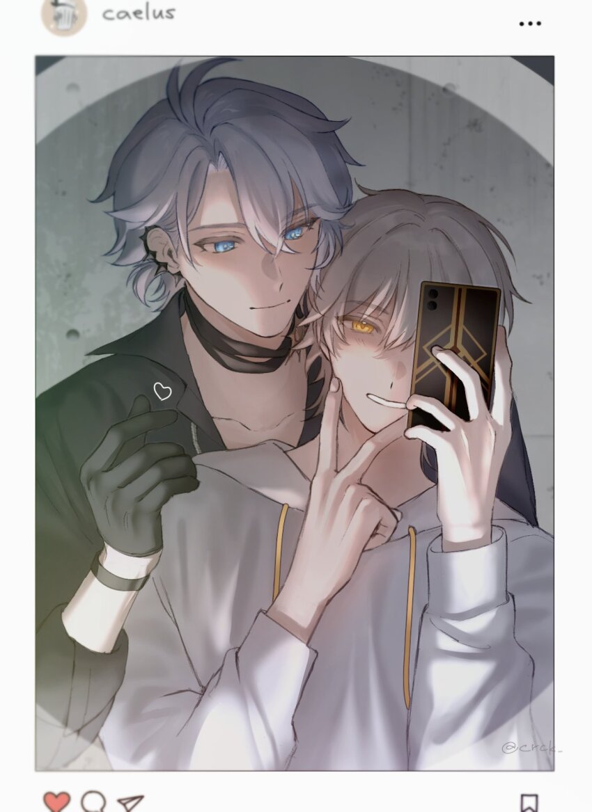 2boys antenna_hair artist_name black_gloves black_shirt blue_eyes caelus_(honkai:_star_rail) cellphone character_name closed_mouth collarbone collared_shirt gloves grey_hair hair_between_eyes hands_up heart highres holding holding_phone honkai:_star_rail honkai_(series) hood hoodie instagram kurashiki_(kas0) long_sleeves looking_at_another looking_at_viewer male_focus multiple_boys phainon_(honkai:_star_rail) phone puffy_long_sleeves puffy_sleeves shirt short_hair smartphone smile teeth trailblazer_(honkai:_star_rail) trash_can upper_body white_hoodie wristband yellow_eyes