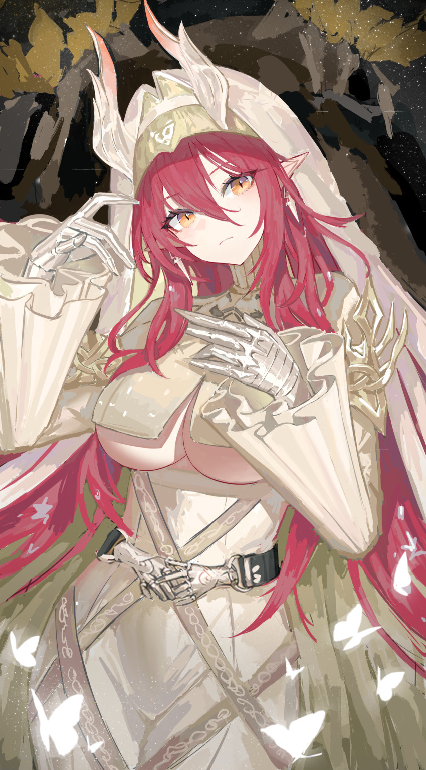 1girl absurdres arknights armored_gloves ascalon_(arknights) ascalon_(phototaxis)_(arknights) belt black_belt breasts bug butterfly cape capelet choker cleavage closed_mouth collar collared_cape commentary cowboy_shot demon_girl demon_horns demon_tail dress earrings gloves hair_between_eyes highres hood hooded_cape horns insect jewelry large_breasts long_hair long_sidelocks long_sleeves looking_at_viewer official_alternate_costume orange_eyes pointy_ears red_hair sidelocks solo tail underboob white_butterfly white_cape white_capelet white_choker white_dress white_gloves white_horns wide_sleeves yan_z