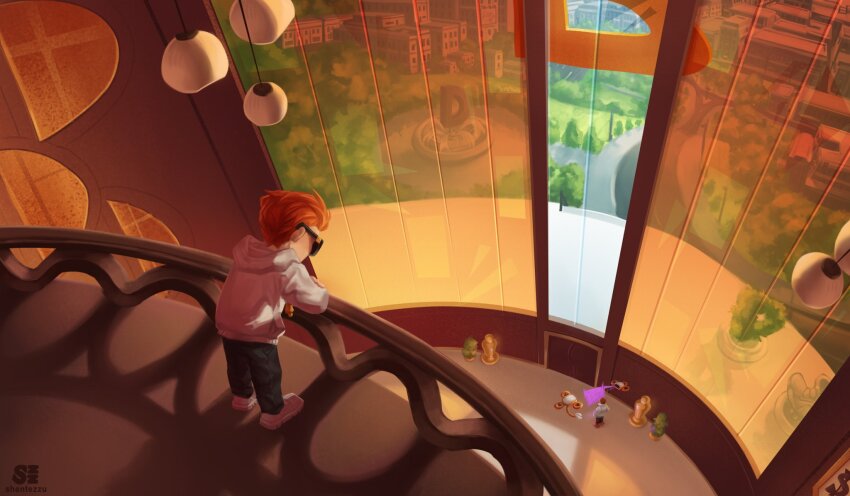 2boys child commentary dale_dimmadome dev_dimmadome english_commentary from_behind glasses highres hood hoodie indoors long_sleeves male_focus multiple_boys orange_hair shentezzu_(tezzu) shirt the_fairly_oddparents the_fairly_oddparents:_a_new_wish white_hoodie wings