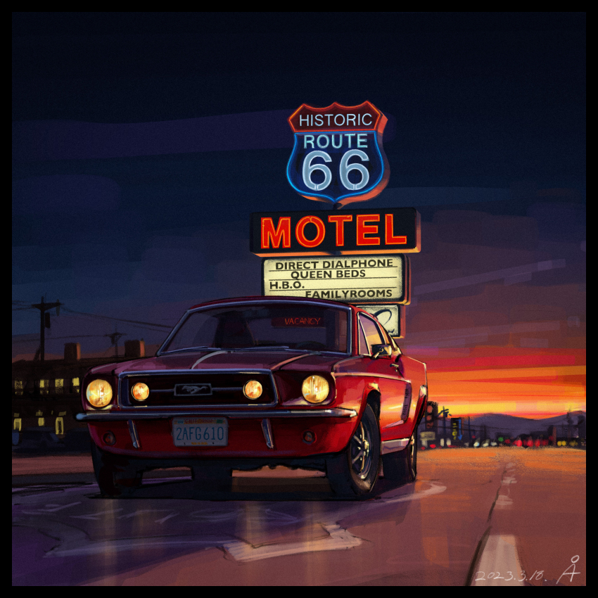 absurdres black_border border building california car commentary_request dated english_text evening ford ford_mustang ford_mustang_(1st_generation) highres license_plate motor_vehicle muscle_car no_humans original outdoors power_lines road rudeko32 scenery twilight united_states utility_pole vehicle_focus watermark