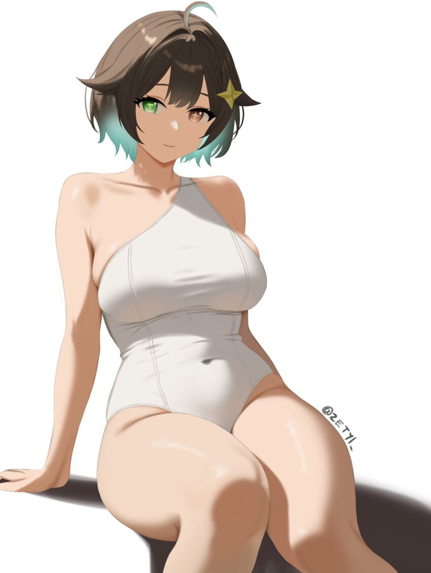 1girl arm_support artist_name bare_shoulders breasts brown_eyes brown_hair closed_mouth collarbone covered_navel dot_nose eyebrows eyelashes feet_out_of_frame female_focus gradient_hair green_eyes green_hair heterochromia highres indie_virtual_youtuber large_breasts leaning_back legs_together leotard looking_at_viewer meica_(vtuber) multicolored_hair short_hair simple_background single_strap sitting smile solo star-shaped_pupils star_(symbol) symbol-shaped_pupils thick_thighs thighs two-tone_hair variant_set virtual_youtuber white_background wide_hips zetyi