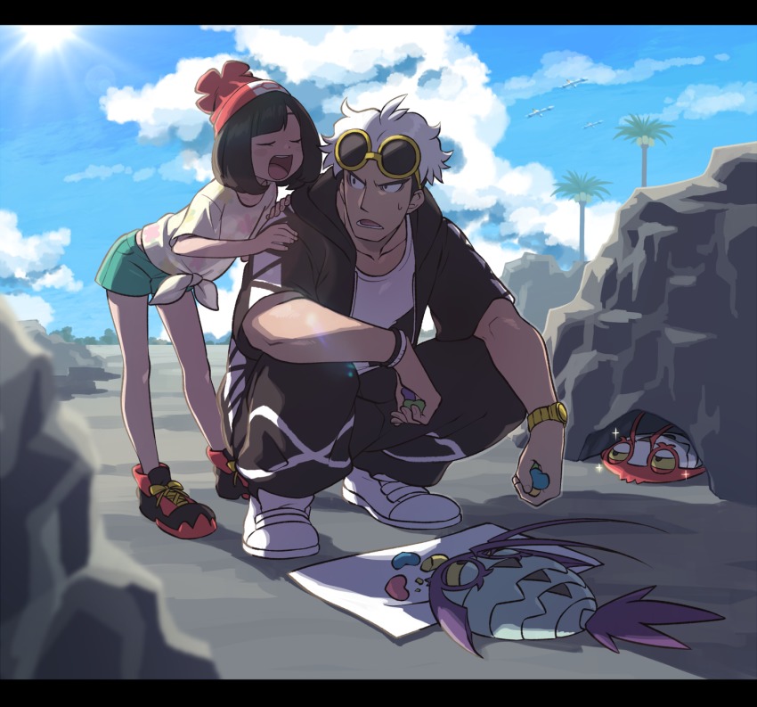 &gt;:o 1boy 1girl :o alolan_exeggutor alolan_form alternate_color bad_id bad_pixiv_id bare_legs beanie black_eyes black_hair black_jacket black_pants blue_sky blush brown_hair closed_eyes cloud collarbone colored_sclera day eyewear_on_head feeding food full_body gen_3_pokemon gen_7_pokemon green_shorts guzma_(pokemon) hat hiding highres holding holding_food hood hoodie jacket leaning_forward letterboxed multicolored_hair nintendo no_socks open_clothes open_jacket open_mouth outdoors pants pokemon pokemon_(creature) pokemon_sm red_footwear red_headwear rock ryanpei selene_(pokemon) shadow shiny_pokemon shirt shoes short_hair short_sleeves shorts sky sparkle squatting standing sunglasses sunlight sweatdrop team_skull tied_shirt v-shaped_eyebrows watch white_footwear white_hair white_shirt wimpod wingull wristband wristwatch yellow_sclera yellow_shirt