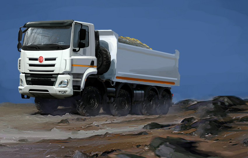 blue_sky commentary dump_truck gravel highres motor_vehicle no_humans original outdoors rock sky spare_tire tatra_phoenix truck unused_tire vehicle_focus yukikaze_supersylph