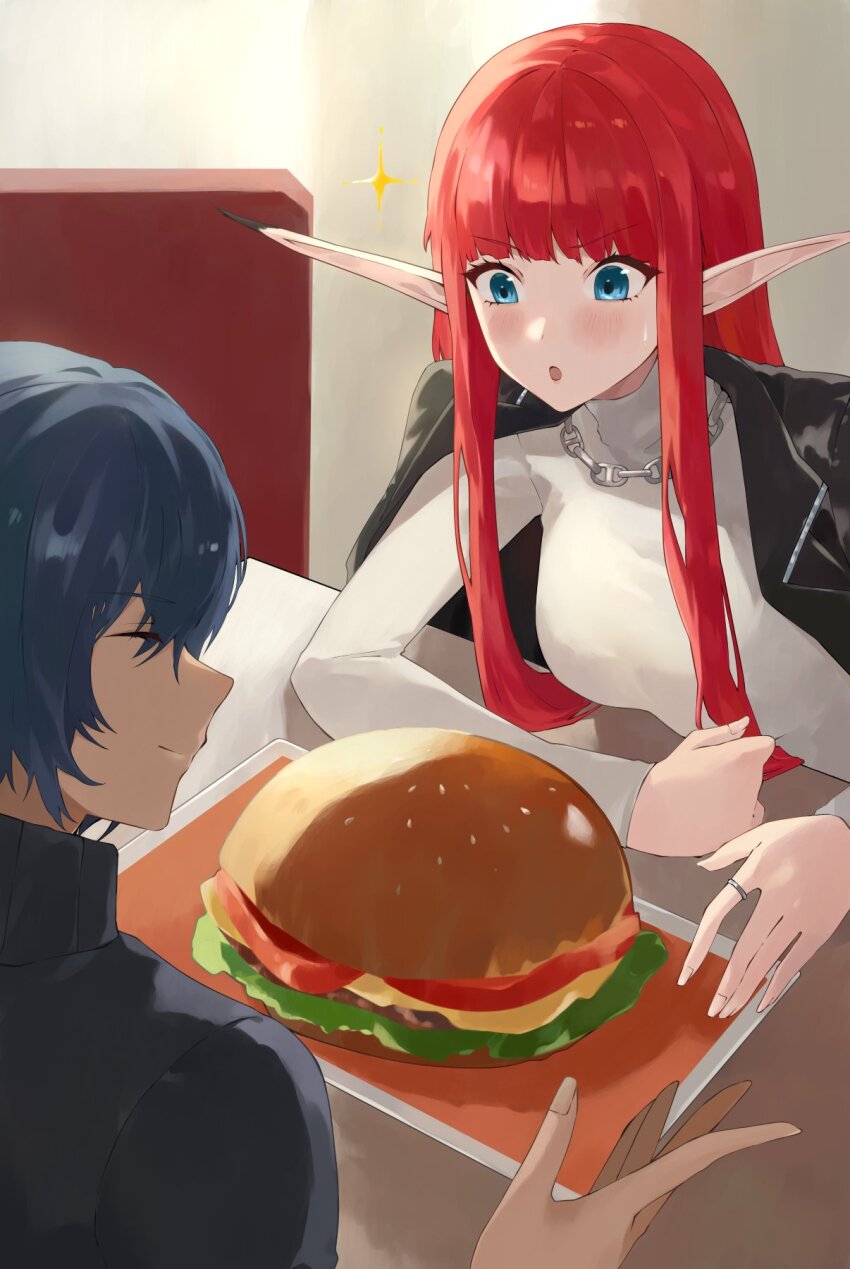 1boy 1girl :o black_jacket blue_eyes blue_hair blunt_bangs blush burger commentary_request food highres hime_cut hulkenberg_(metaphor:_refantazio) indoors jacket jacket_on_shoulders konchi_(63438789) long_hair metaphor:_refantazio protagonist_(metaphor:_refantazio) red_hair sparkle sweat sweater turtleneck turtleneck_sweater v-shaped_eyebrows white_sweater