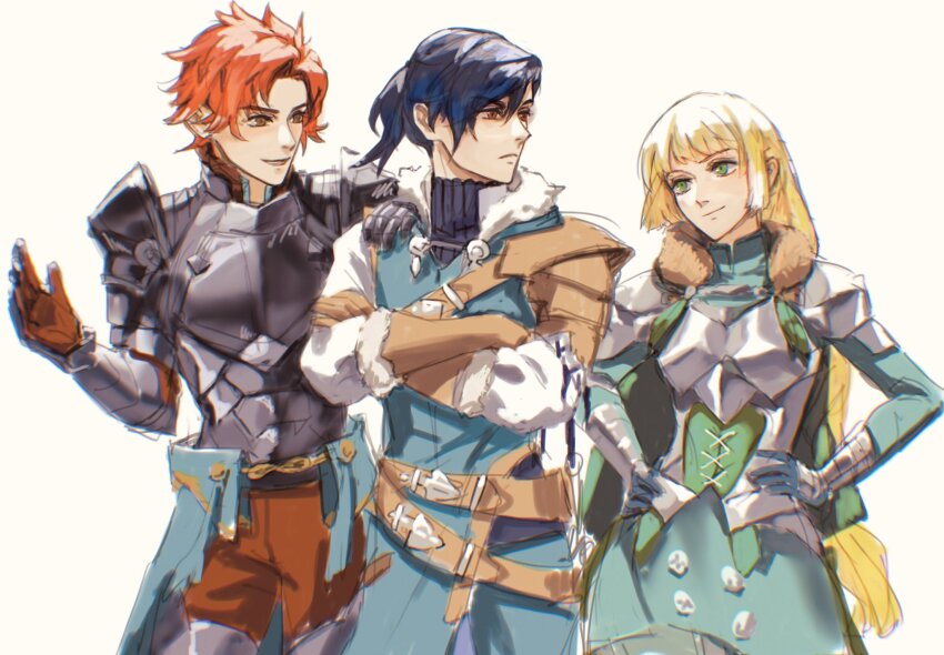armor bikini_boody black_armor blonde_hair blue_hair braid braided_ponytail brown_eyes dress felix_hugo_fraldarius felix_hugo_fraldarius_(timeskip) fire_emblem fire_emblem:_three_houses fur_trim green_dress green_eyes highres ingrid_brandl_galatea ingrid_brandl_galatea_(timeskip) long_hair nintendo orange_hair sylvain_jose_gautier sylvain_jose_gautier_(timeskip)