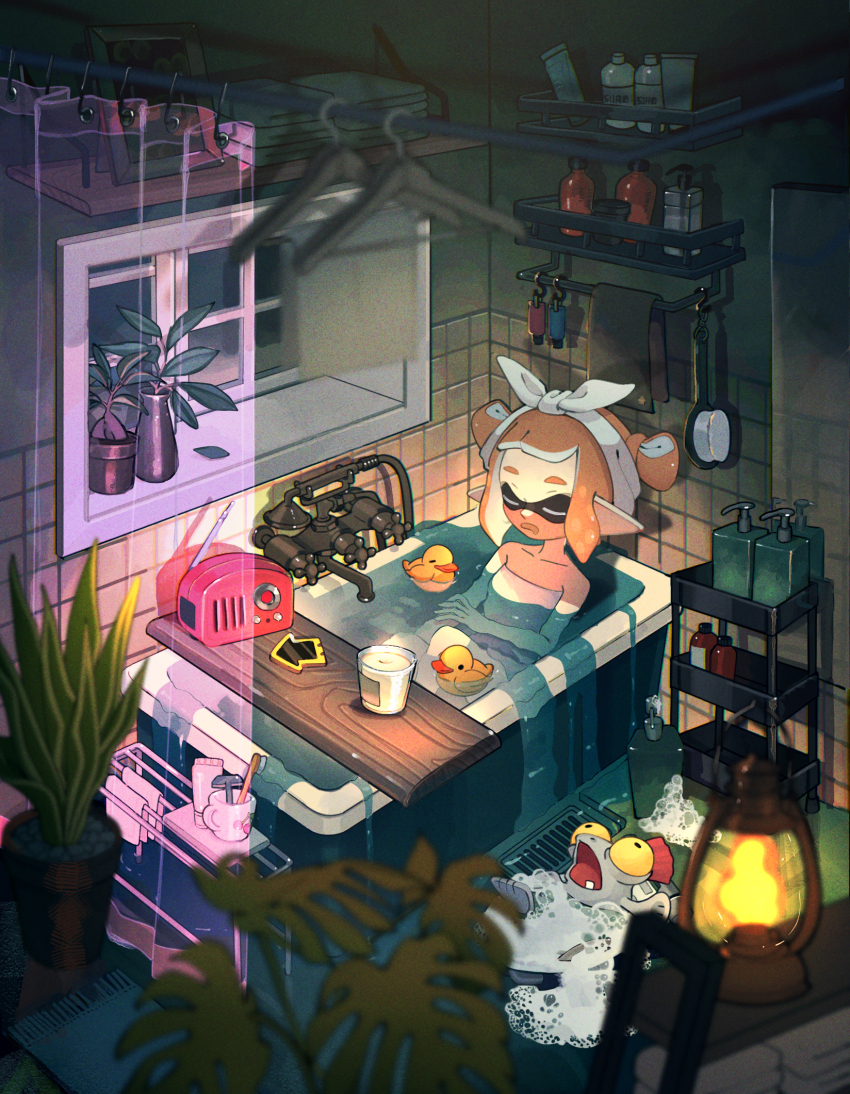 1girl bare_shoulders bath bath_brush bathtub blurry blurry_foreground blush bottle bubble candle cellphone closed_eyes clothes_hanger collarbone commentary_request cup depth_of_field double_bun drooling faucet flower_pot forehead hair_bun hairband hand_soap highres indoors inkling inkling_girl inkling_player_character kerosene_lamp leaf mouth_drool mug night nintendo okaranko open_mouth orange_hair overflowing overflowing_bath partially_submerged phone picture_frame plant pointy_ears potted_plant radio razor red_hair rubber_duck shampoo_bottle shelf shower_curtain sidelocks sleeping smallfry_(splatoon) smartphone soap_bottle soap_bubbles splatoon_(series) splatoon_3 tentacle_hair toothbrush towel towel_rack u_u vase vent_(object) water white_hairband window windowsill